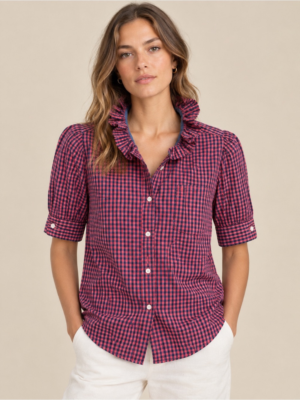 KMJ M Handmade Ruffle Button Up Short Sleeve Shirt Artistry Unique Boho Preppy